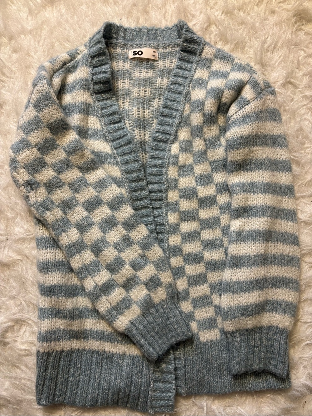 SO Blue & Cream Checkered Open-Front Cardigan
